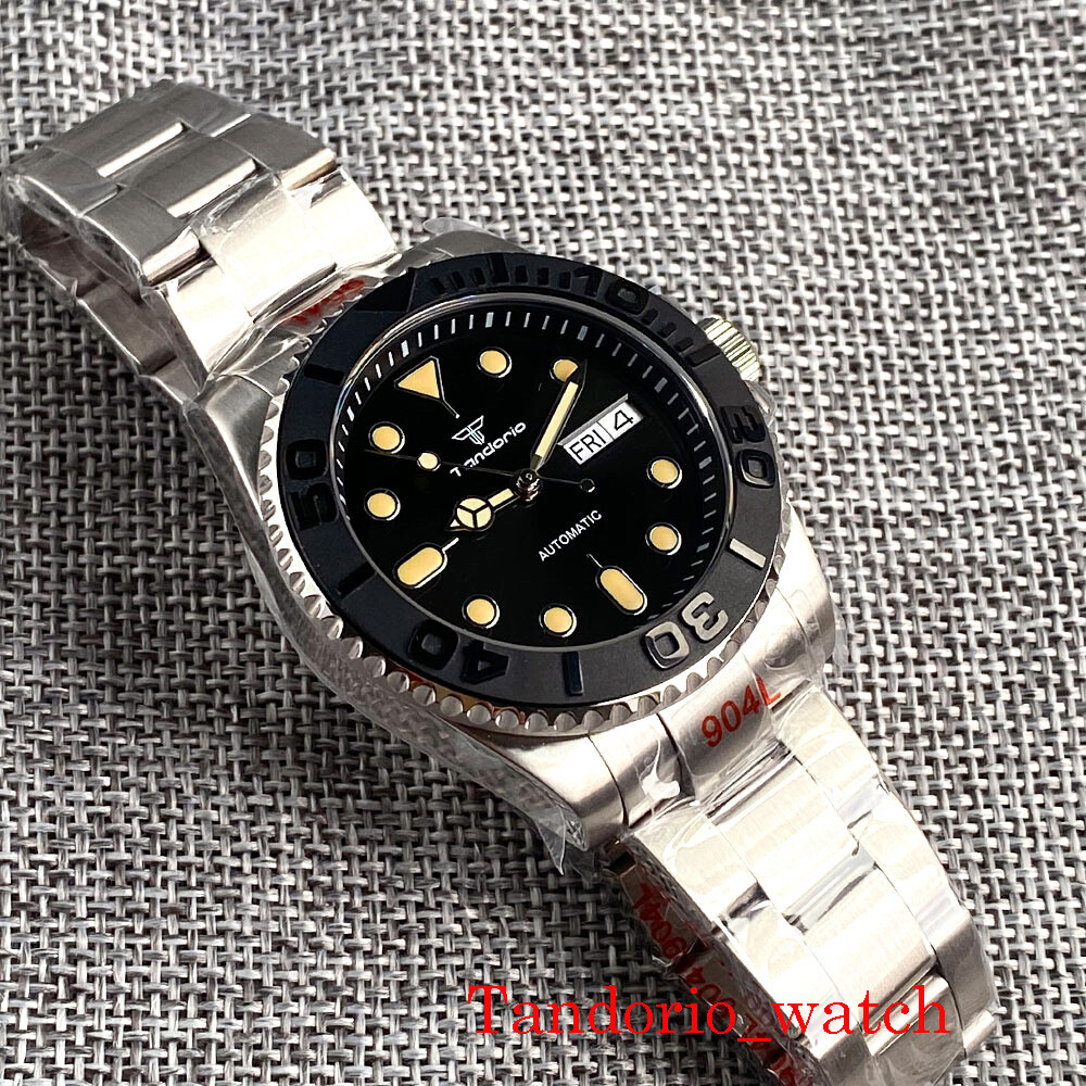 Tandorio NH36A 40mm Black Sterile Dial Sapphire Crystal Screw Crown Oyster Strap