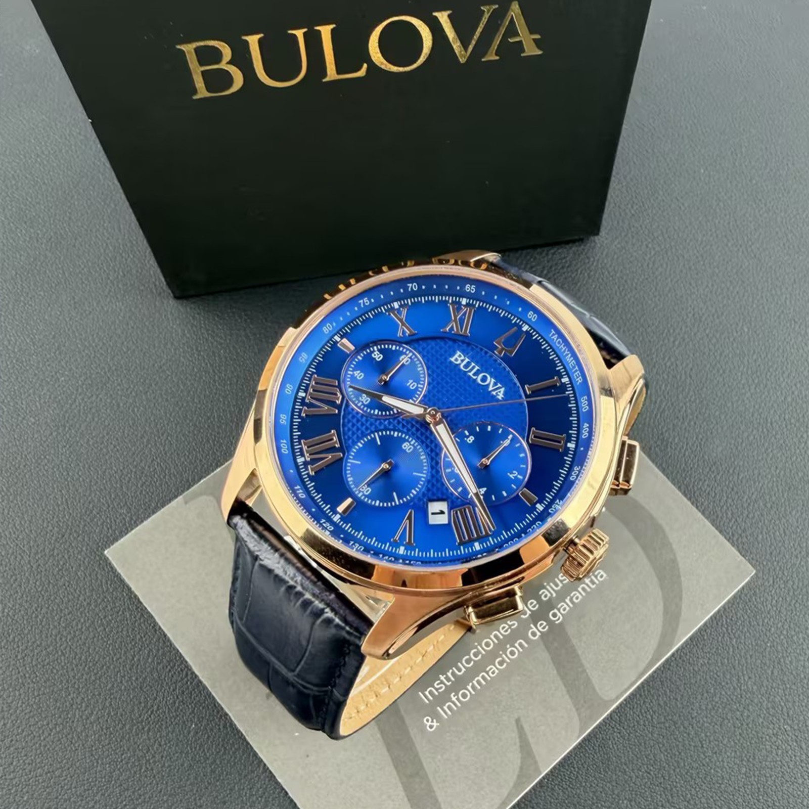 Men’s Bulova Wilton Blue Dial Leather Chronograph 97B170 Quartz New Watch 46.5mm
