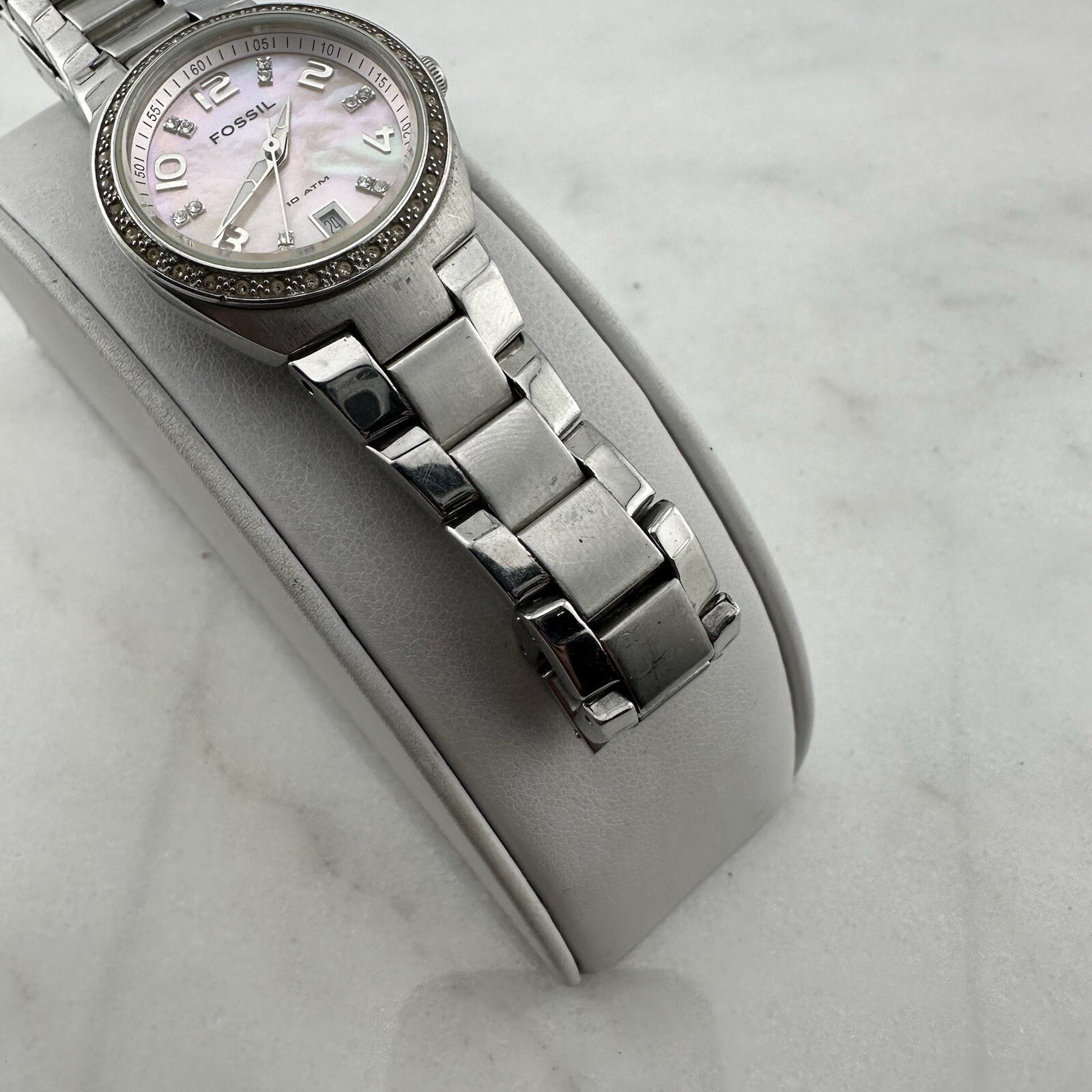 Fossil Flash Watch Women 28mm Silver Tone Date Bling MOP Dial New Battery Sz 6”
