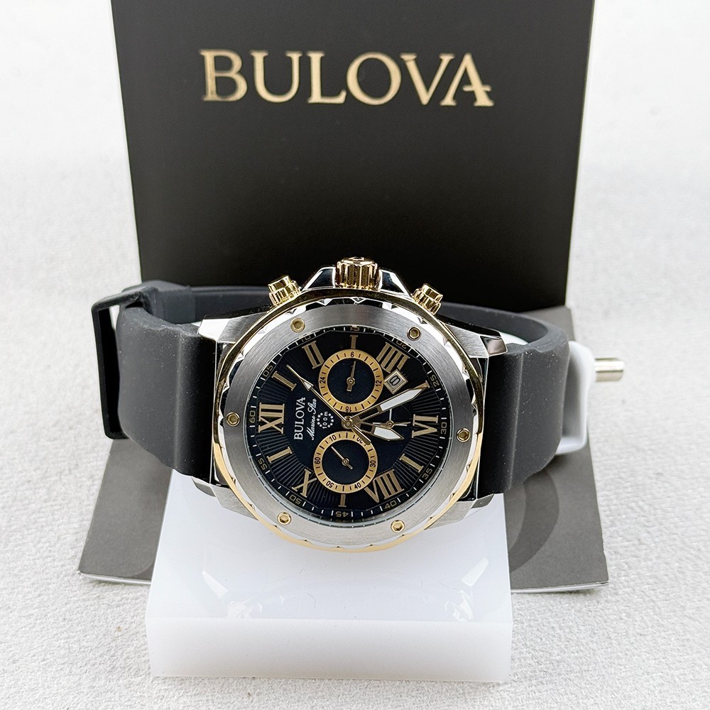 Bulova Men’s Marine Star Black Dial Silicone Strap Quartz Watch 98B277