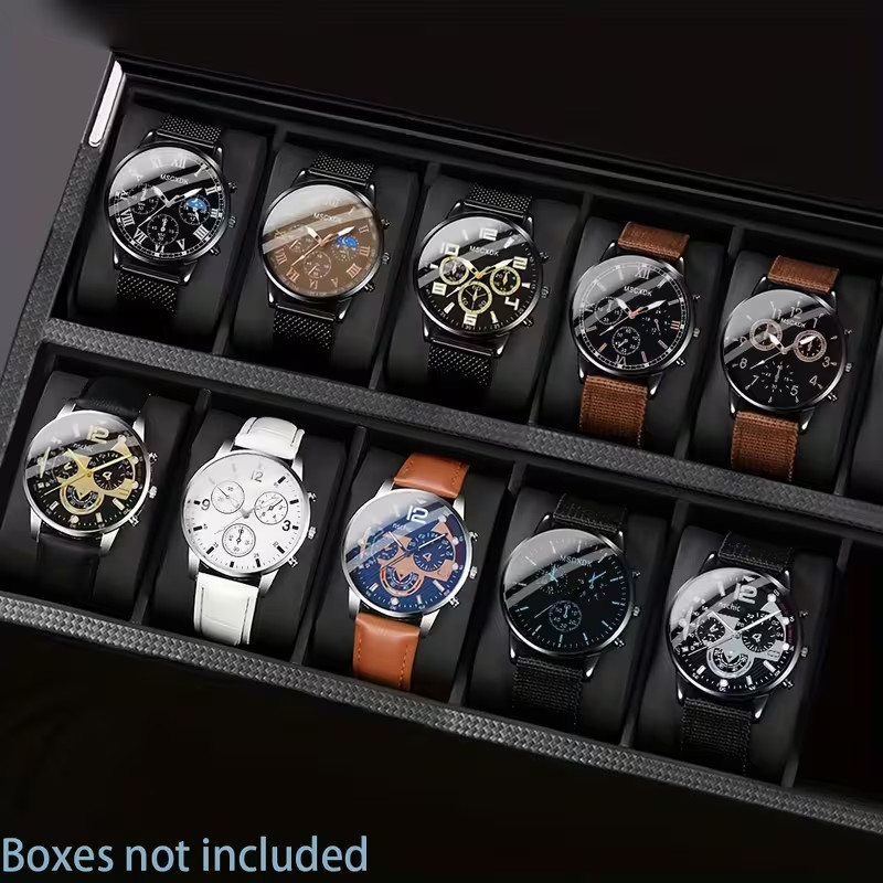 10PCS Men’s Quartz Watch Set Analog PU Silicone Band Casual Gift Collection