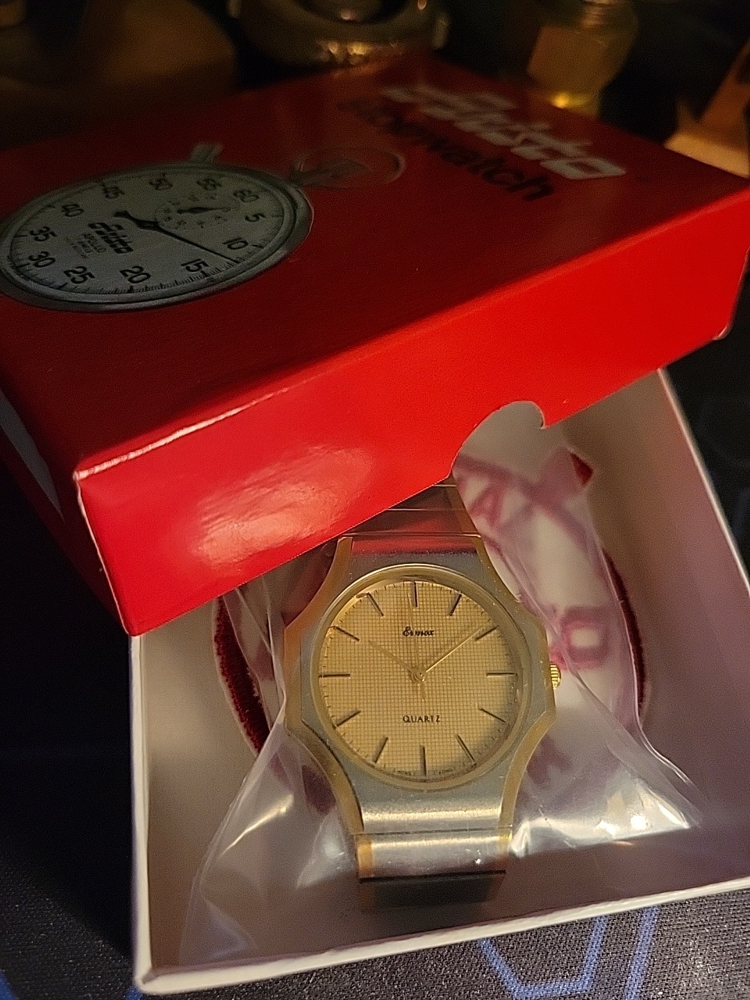 Ermex Watch 1986 NOS Gold Toned Circular Square Brushed Silver Works Mint Aristo