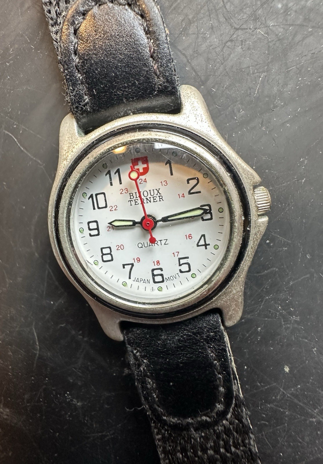 Vintage Bijoux Terner Army Military Type Watch Black Canvas & Leather Band