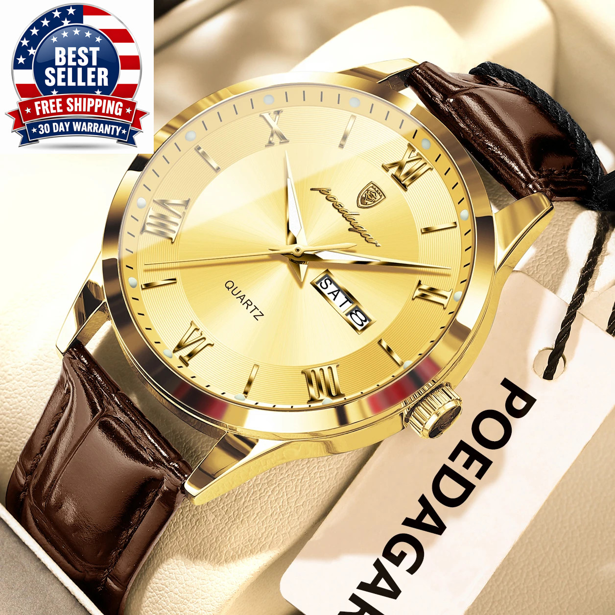 Men’s Waterproof Quartz Watch with Leather Band and Luminous Features