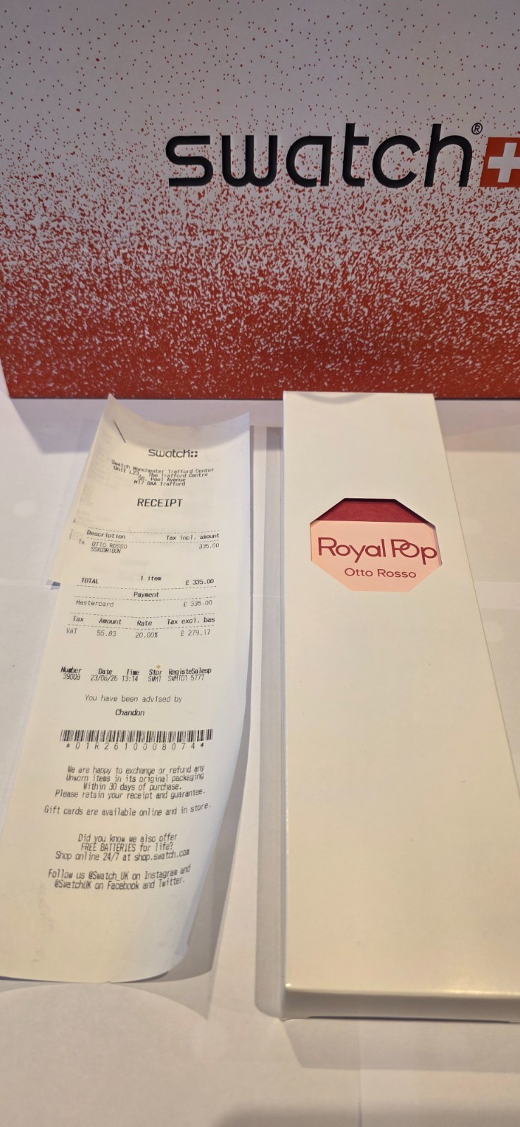 Swatch X AP – Otto Rosso- Warranty Card + Receipt – Fast insured delivery