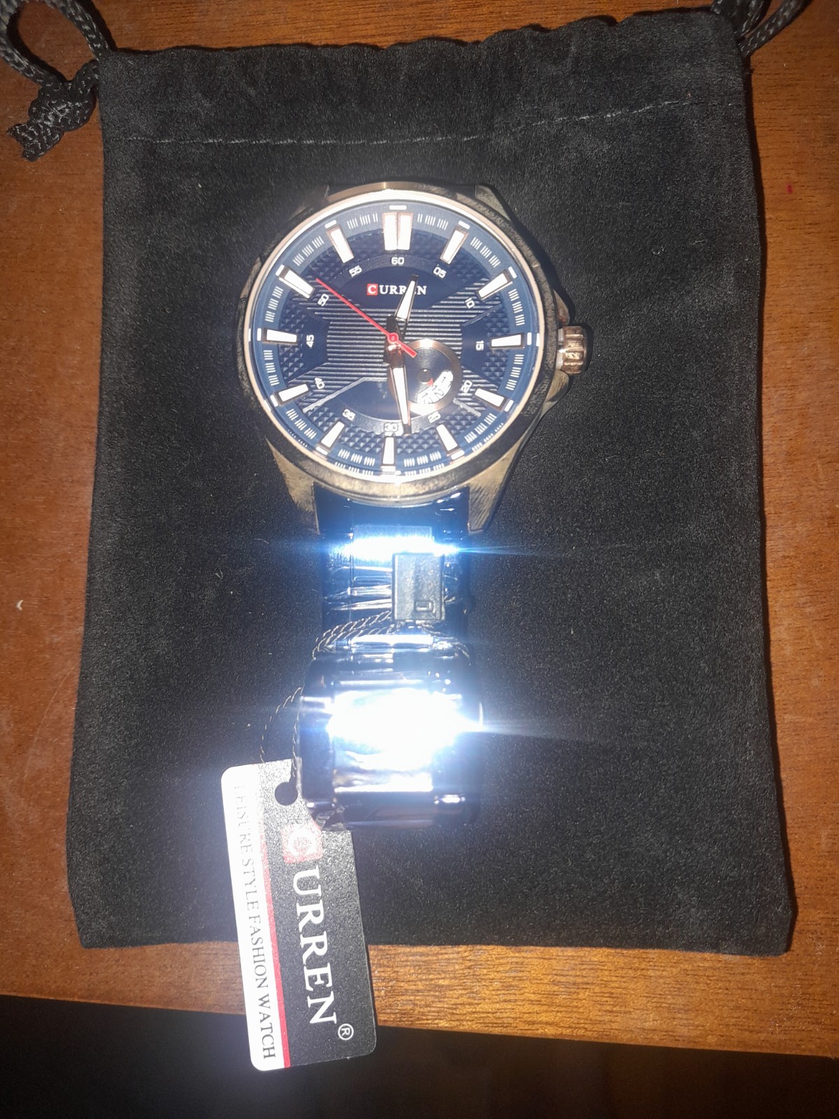 CURREN Men’s Quartz Watch 45mm Blue Dial Rose Gold Case Blue Steel Band