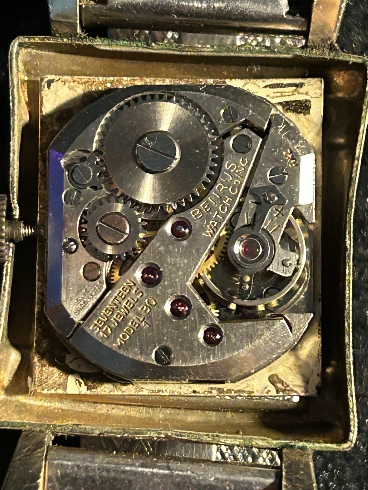 vintage benrus mens wrist watch BO 1, Late 1940’s 10 Gold Filled Tank, Patina.