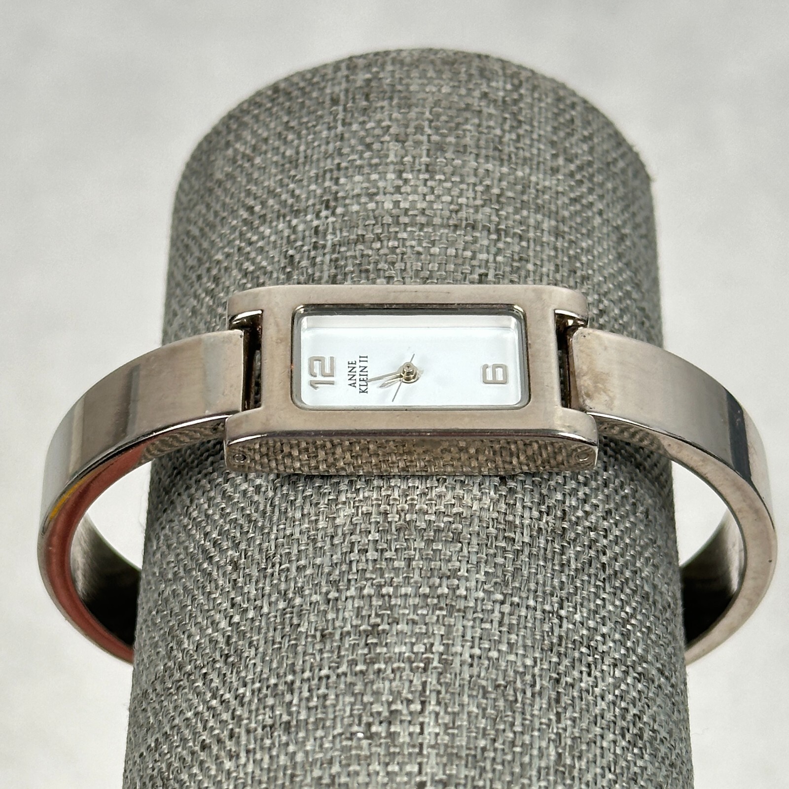 Anne Klein Watch Womens 16mm Rectangle White Dial Silver Tone 6″ New Battery