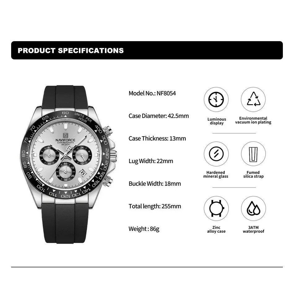 45MM NAVIFORCE Luxury Quartz Diver Watch Men Silicone Waterproof Luminous NEW