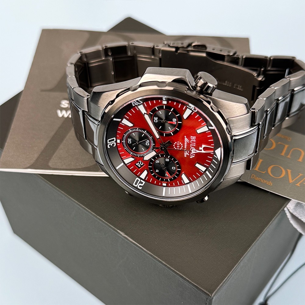 Men’s Bulova 98B350 Marine Star Chronograph Red Dial Quartz Watch 43mm