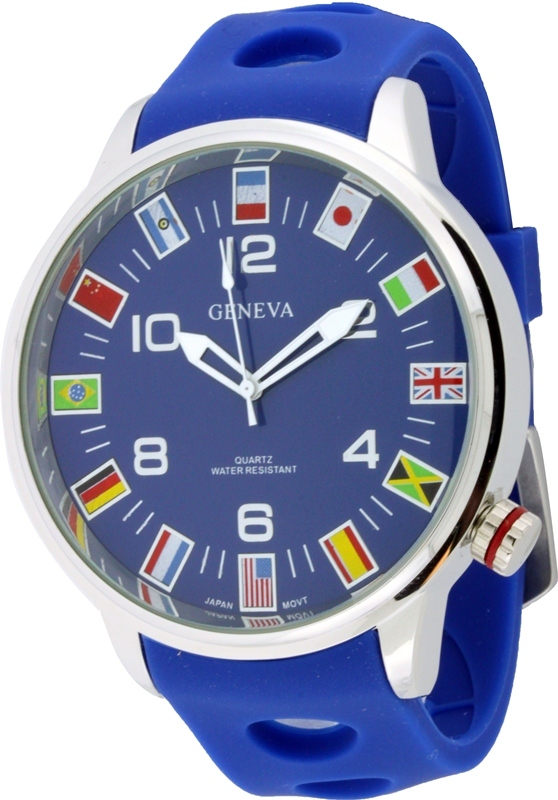 GENEVA X-LARGE SILICONE INTERNATION FLAGS BLACK,BLUE,WHITE,GREEN,RED WATCH-NEW