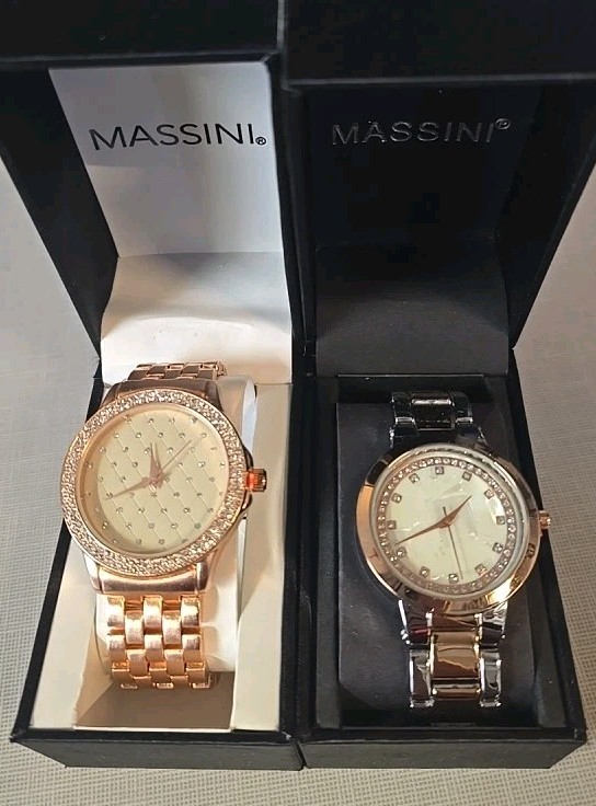 Massini Rose Gold Silver Cubic Zirconia Quilted Womens Watch Lot Of Two New