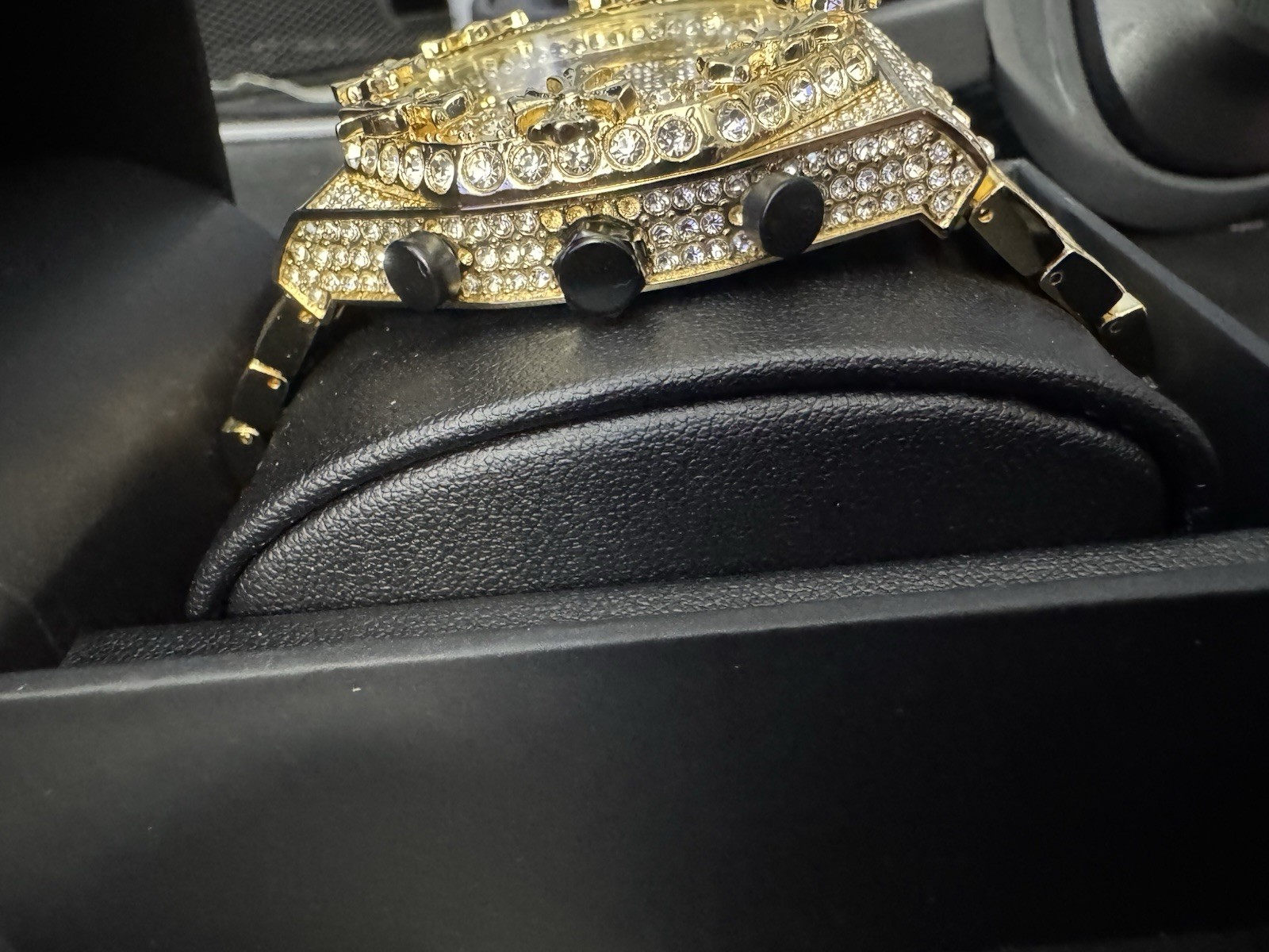 Gold Tone Iced Out Analog Wristwatch, Gem-Set Bezel, Bracelet Band. Never worn.