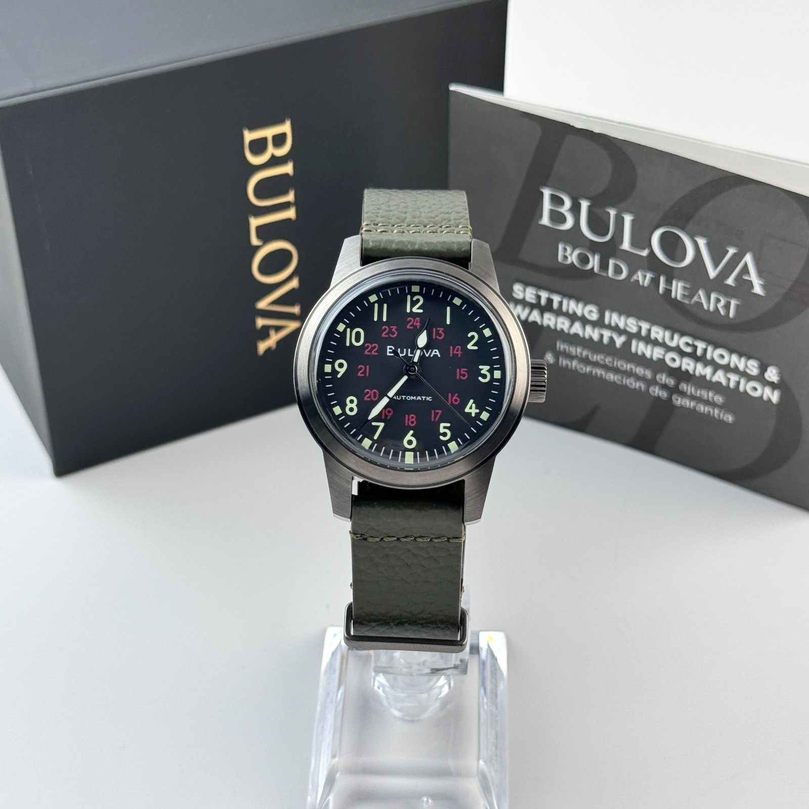 Bulova Men’s Military Hack Automatic Black Dial Green Leather Strap Watch 98A255