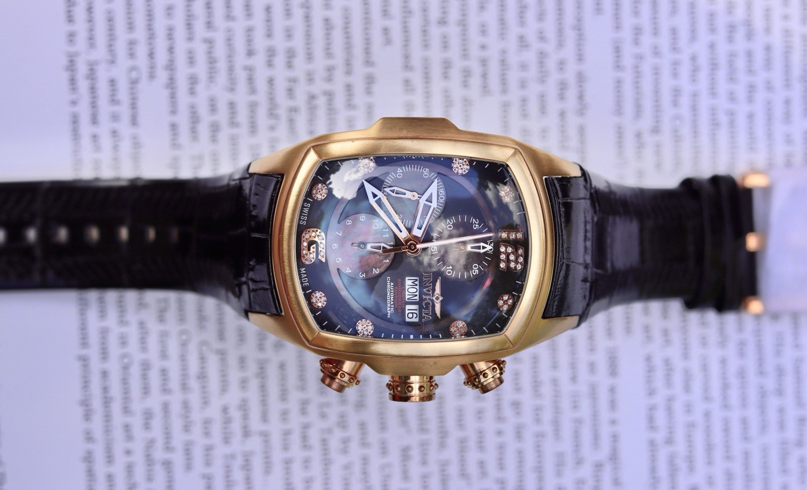 Invicta Lupah 0514 Men Swiss Automatic Chronograph 14K Rose Gold Plated, Diamond