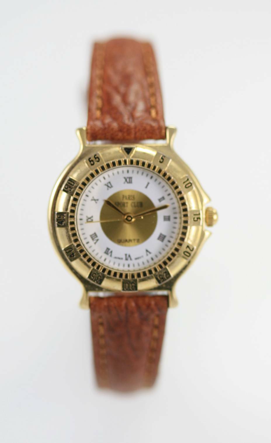 Paris Sport Club White Womens Stainless Gold Brown Leather Quartz Battery Watch