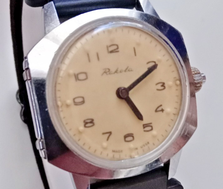 Vintage Soviet mechanical men’s Raketa watch for the blind. USSR. Running
