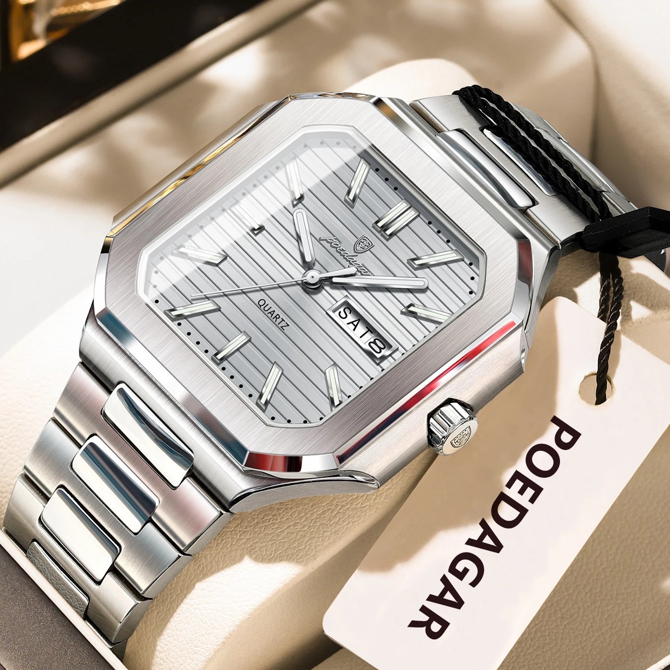 POEDAGAR Men’s Square Quartz Watch Stainless Steel Waterproof Luminous Day Date
