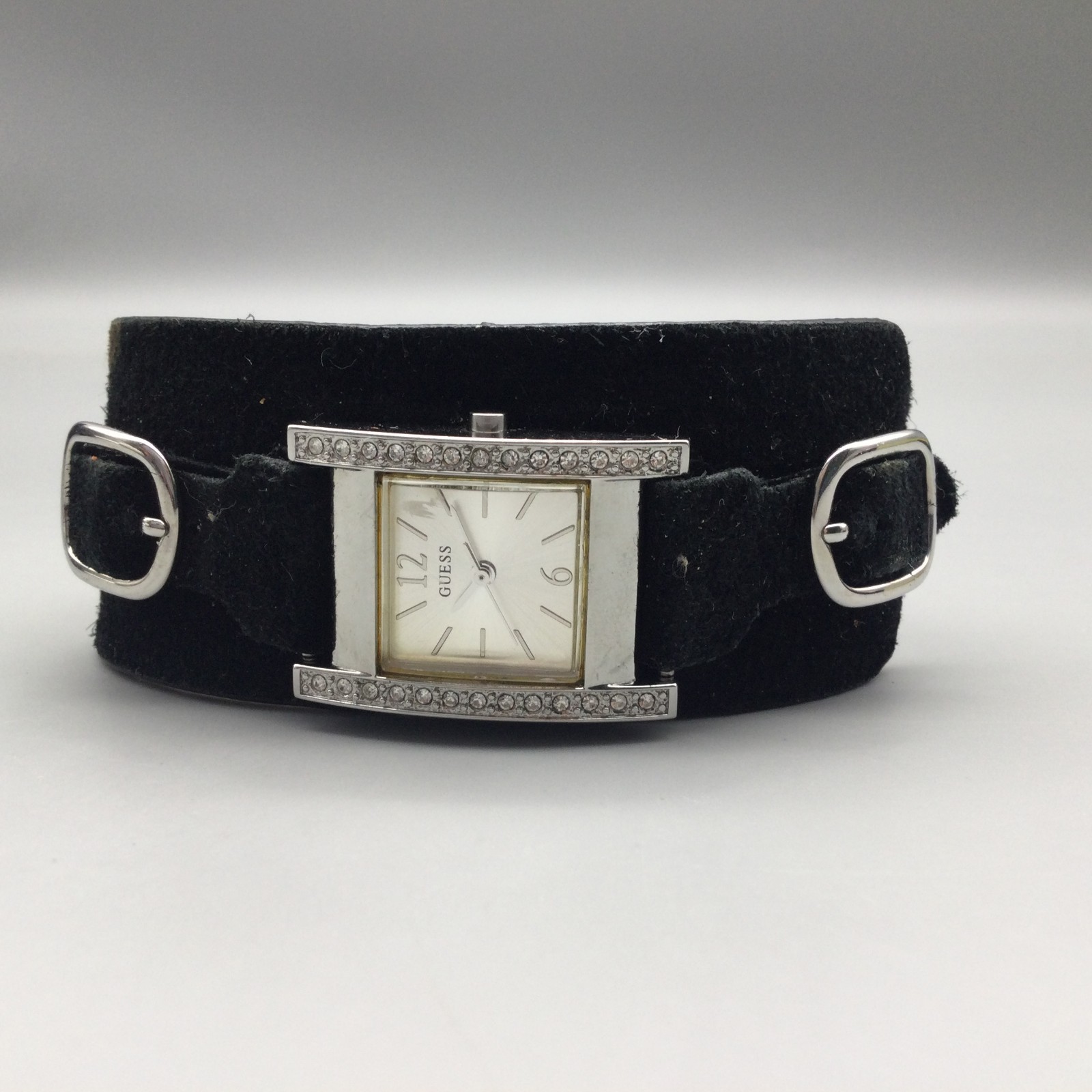 Guess Watch Women G66222L 22mm Silver Tone Bling Black Leather Band New battery
