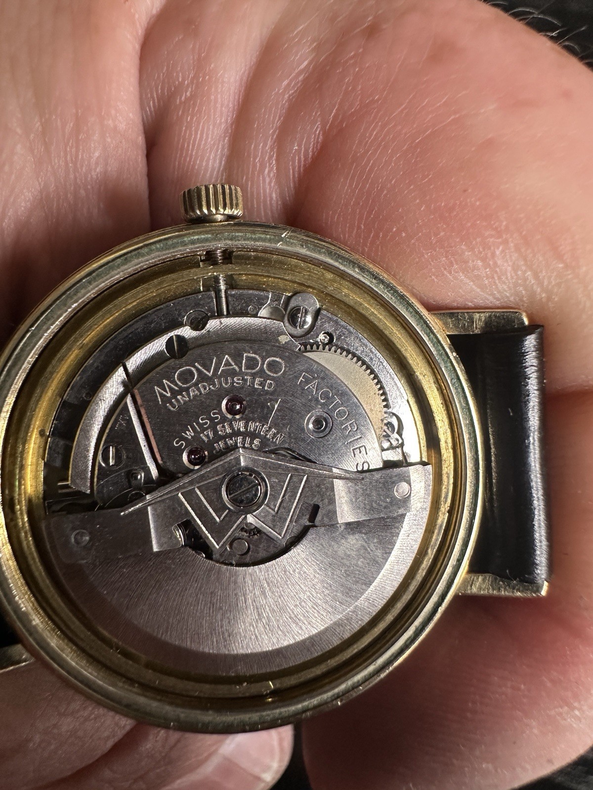 Vintage Movado Swiss Automatic 17J Gold Plated 34mm Silver Dial Black Leather