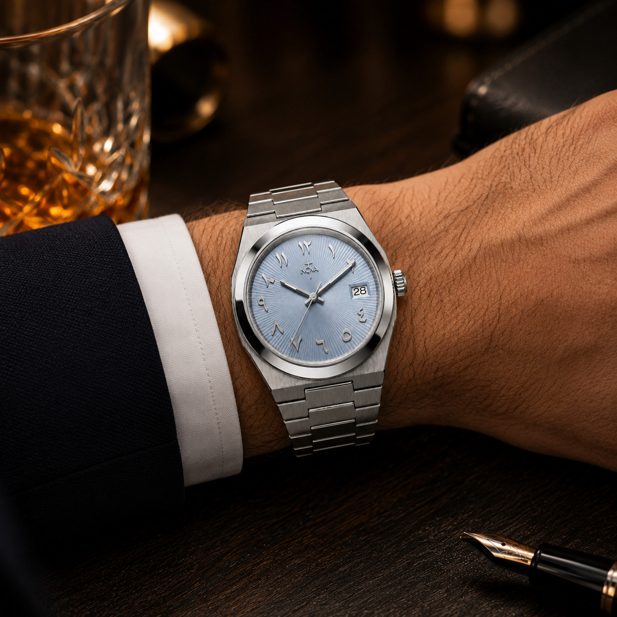 Nova Christian Covenant Custom Watch Ice Blue Arabic Dial Steel Date