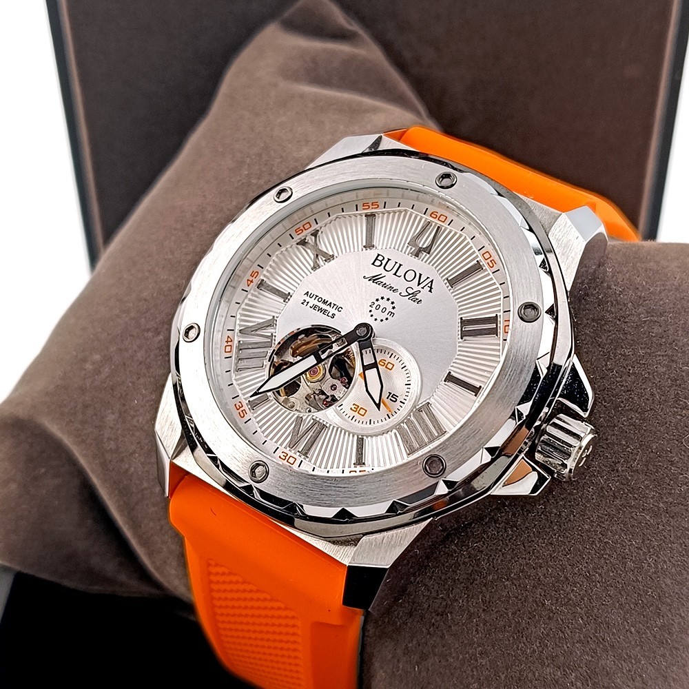 Bulova Marine Star 98A226 Silver Dial Orange Rubber Strap Automatic Men’s Watch