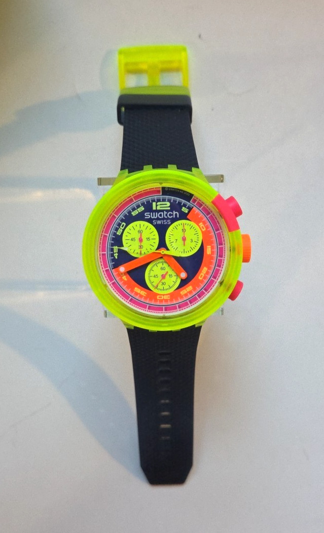 SWATCH NEON TO THE MAX Watch SB06J100 Big Bold Chronograph 2023 Swiss WR 100ft