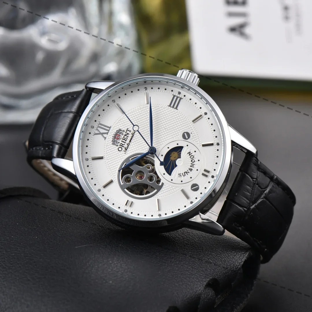 Orient Sun & Moon Semi Skeleton Automatic Watch Men’s Leather Strap Luxury Gift