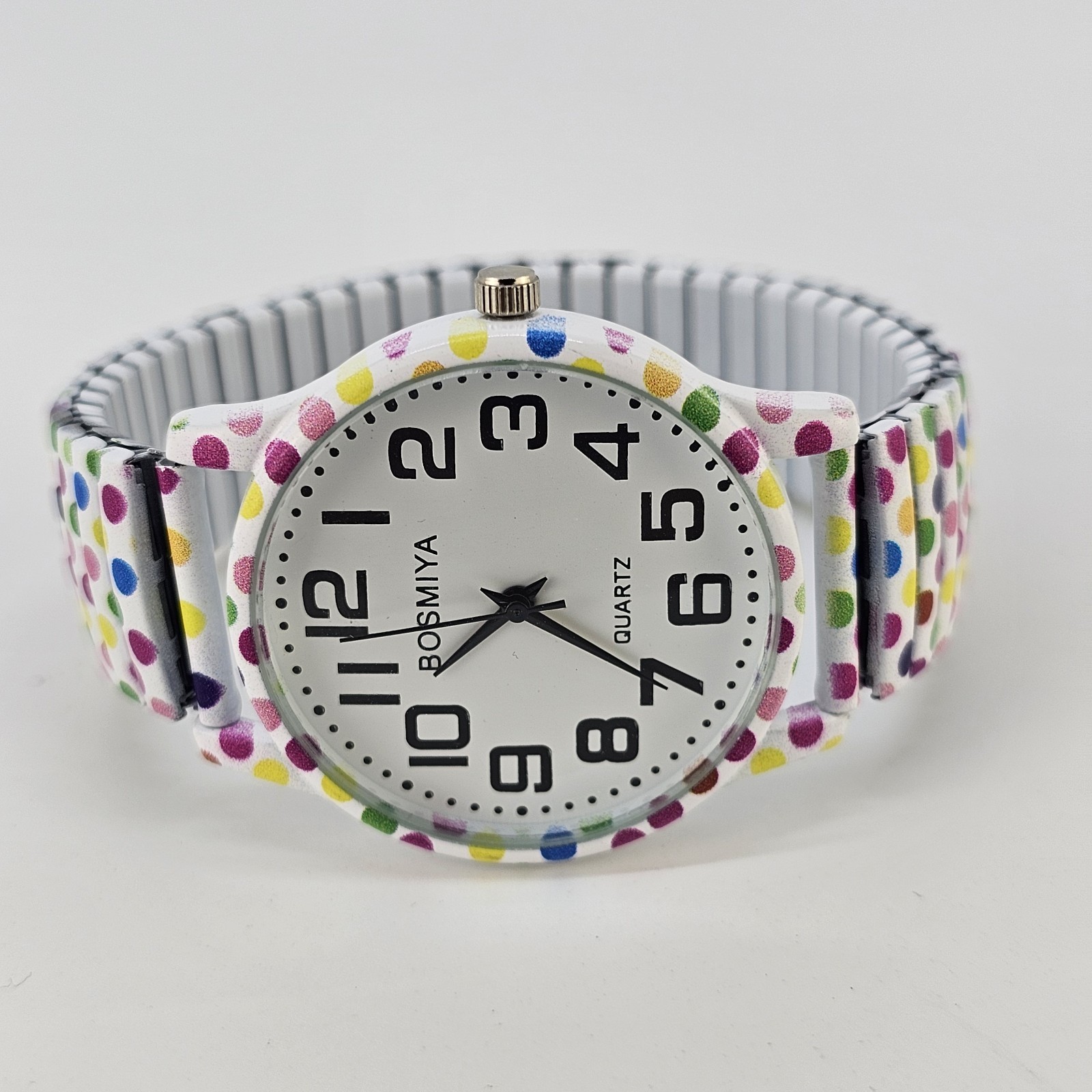 36MM Women’s Watch White Dial Polka Multicolor Strech Band 6.5″ New Battery