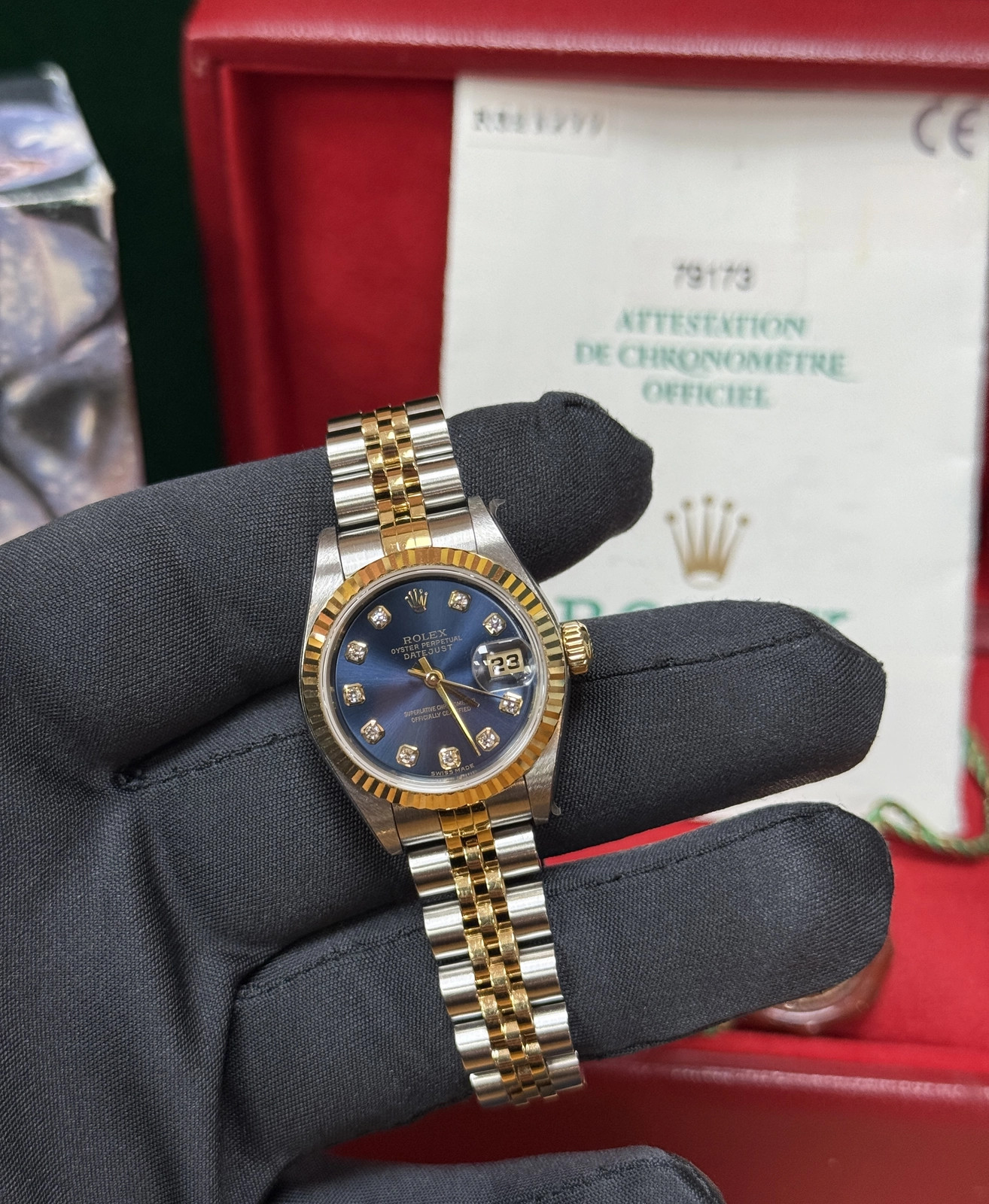 Rolex Lady-Datejust Blue Diamond Dial Jubilee 79173 Steel & YG Papers Box