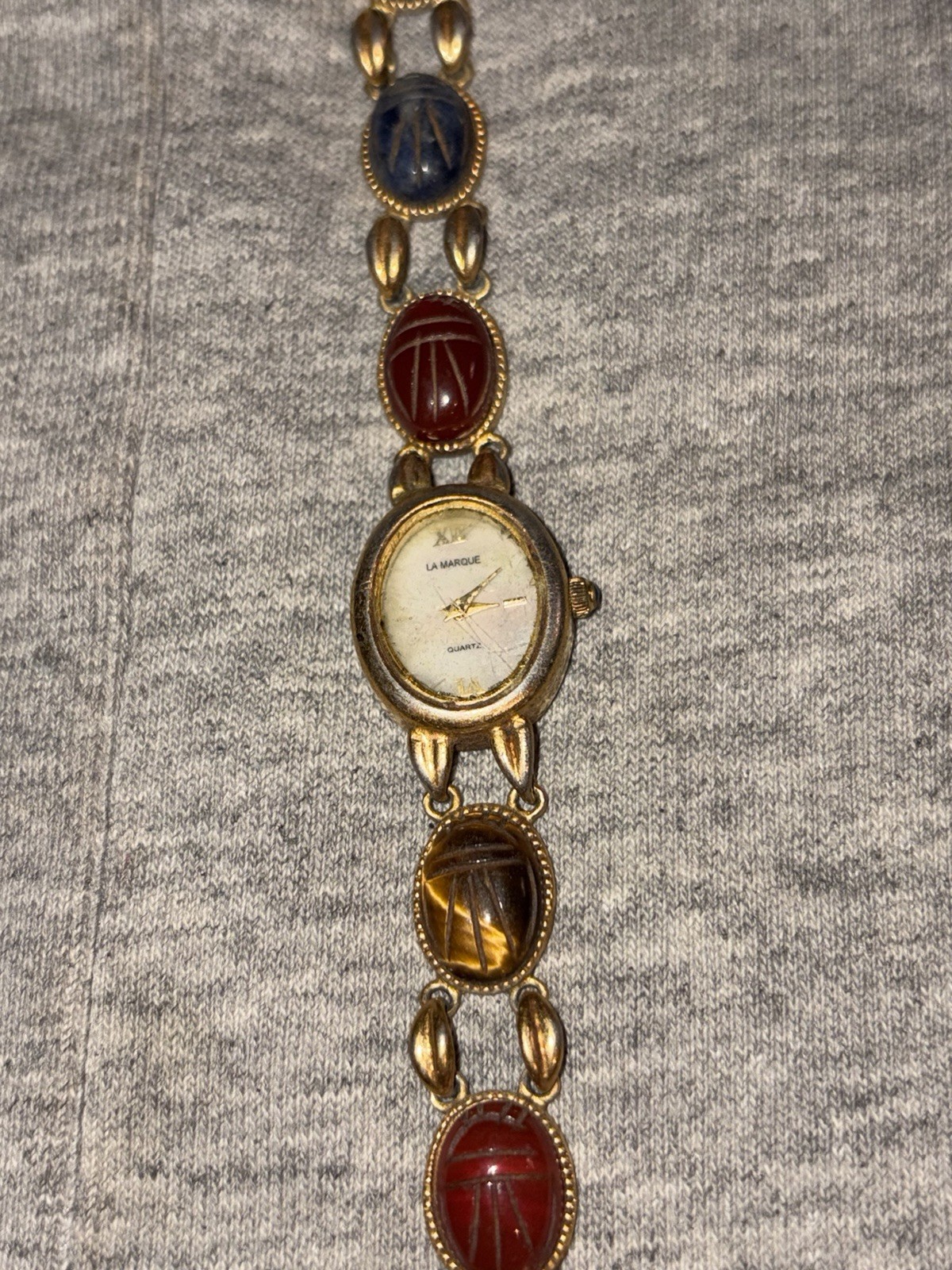 Vtg La Marque Ladies 16mm Watch Gold Tone Scarab Gemstone Band READ