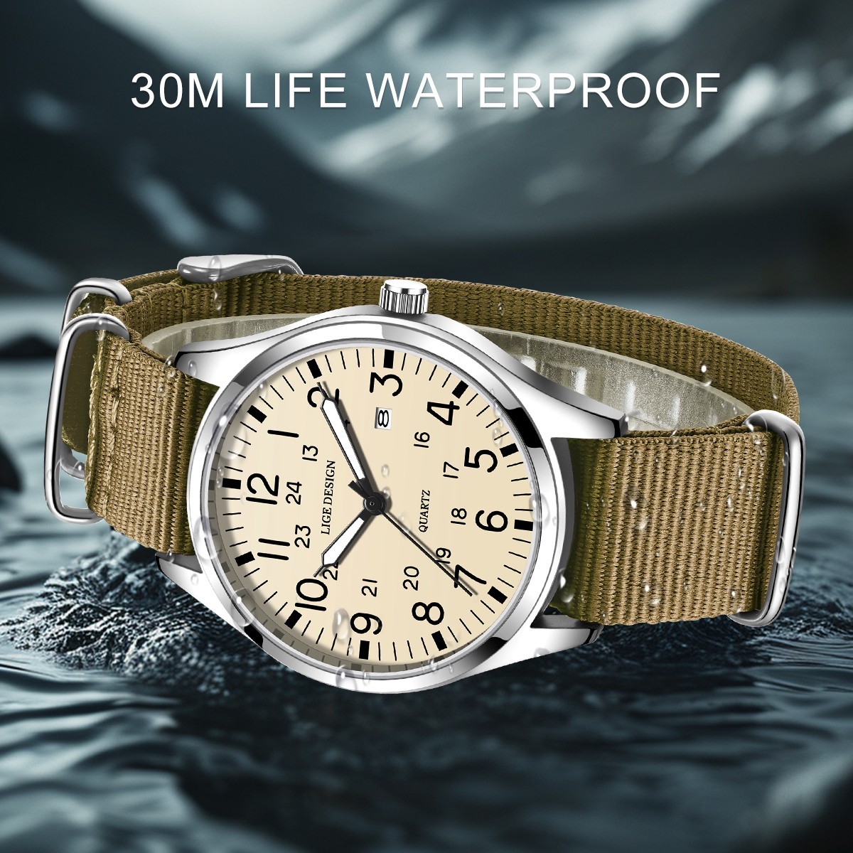 LIGE Men Sports Watch Luminous 3ATM Waterproof Nylon Band Quartz Boys Wristwatch