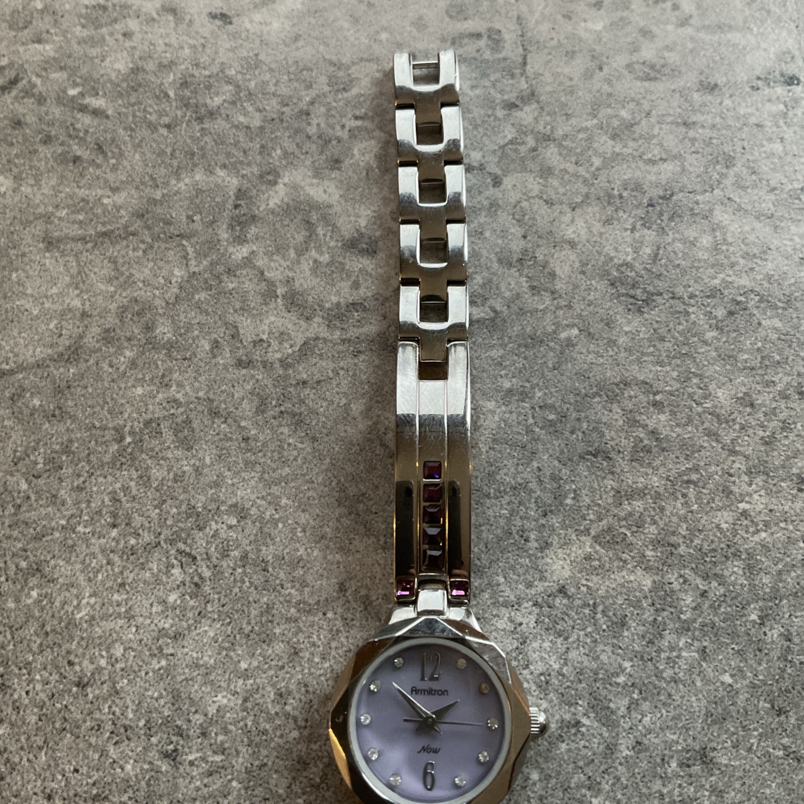 Beautiful Armitron Womens Watch 23mm Silver Tone Case/Band Purple MOP Dial Bin G