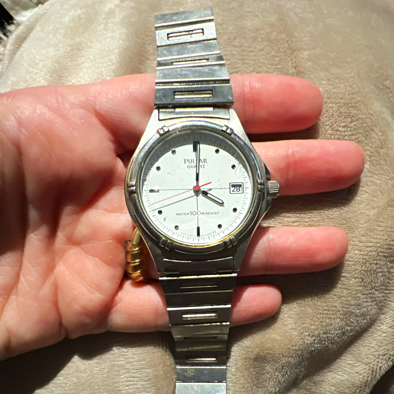 Pulsar Quartz Silver Tone Steel Bracelet Watch White Dial Date 100m