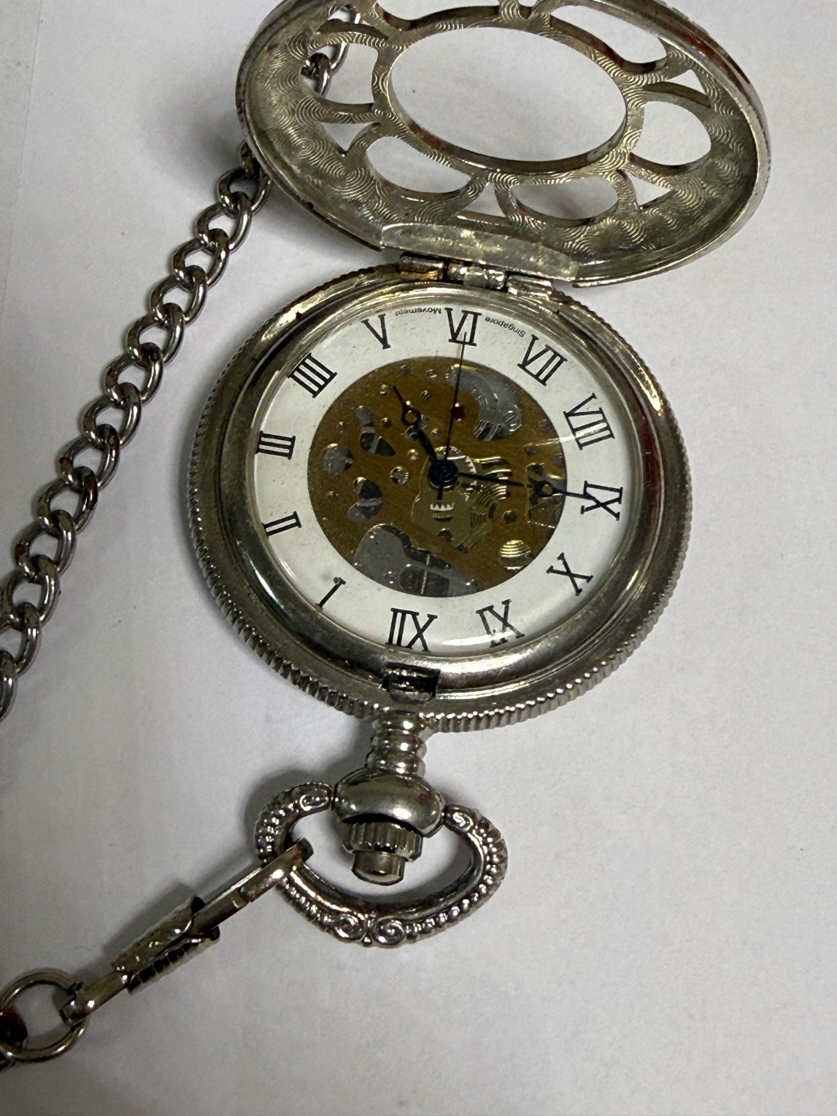 Vintage Skeleton Pocket Watch Roman Numerals Mechanical Style Singapore Movement