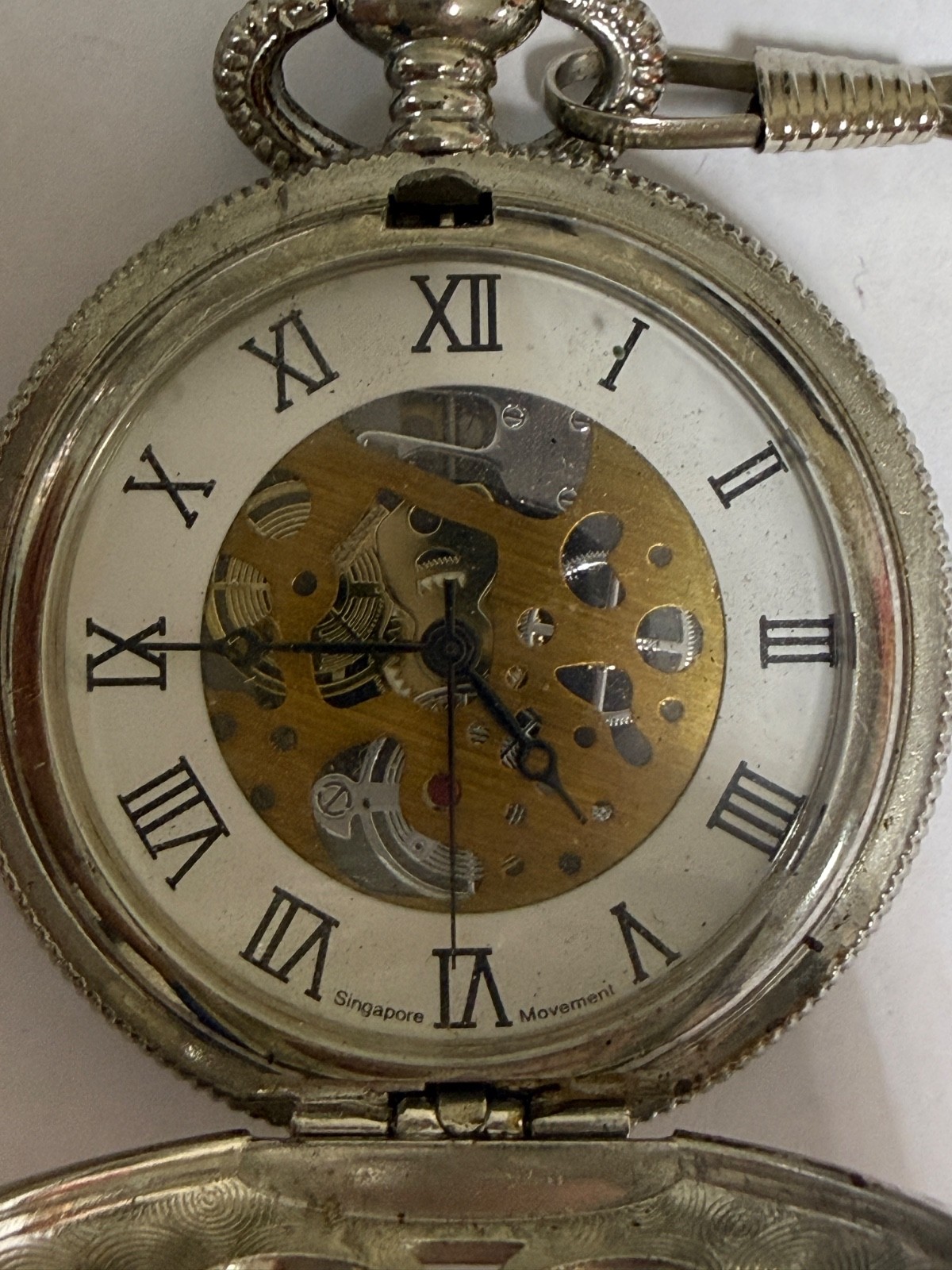 Vintage Skeleton Pocket Watch Roman Numerals Mechanical Style Singapore Movement
