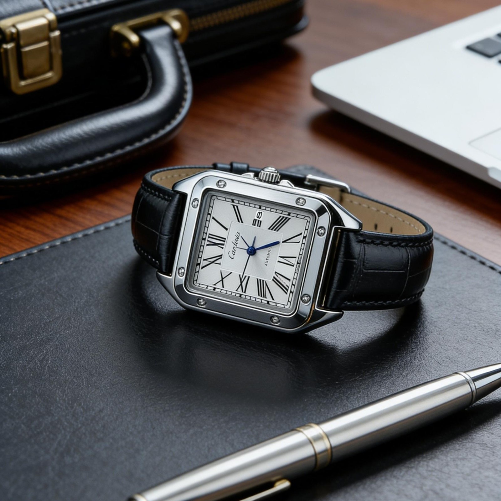 Men’s Square Quartz Watch Roman Numeral Leather Strap Date Waterproof Dress