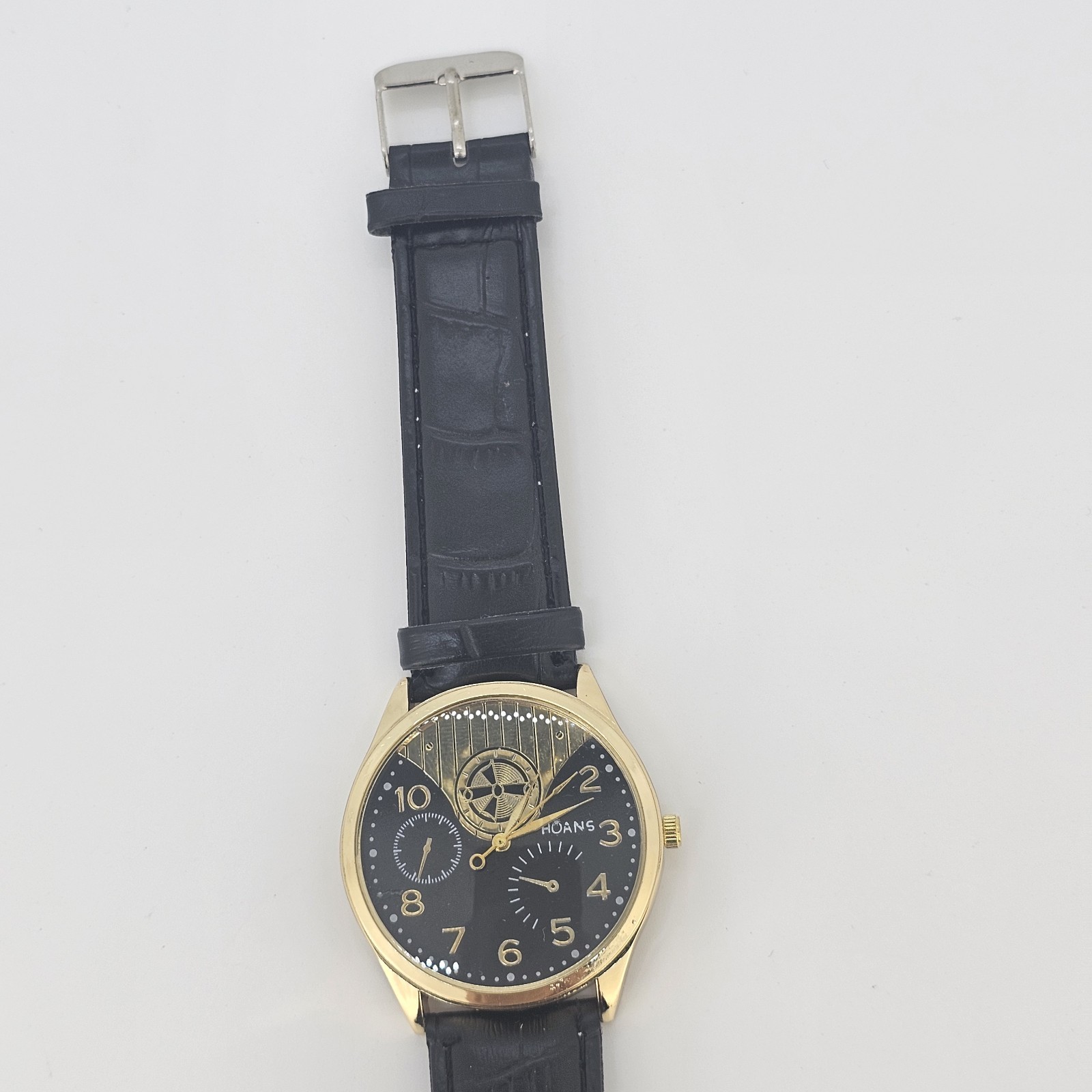 Men’s Analog Watch 38MM Black Dial Black Faux Leather Bands New Battery