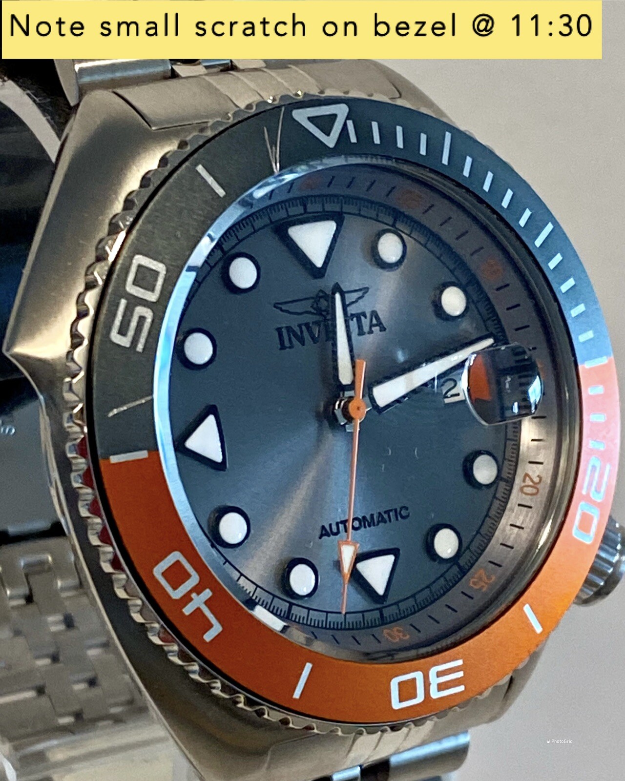 Invicta Sea Wolf Gray/Orange/Silver-tone Bracelet Auto 47mm Pro Diver Mens Watch