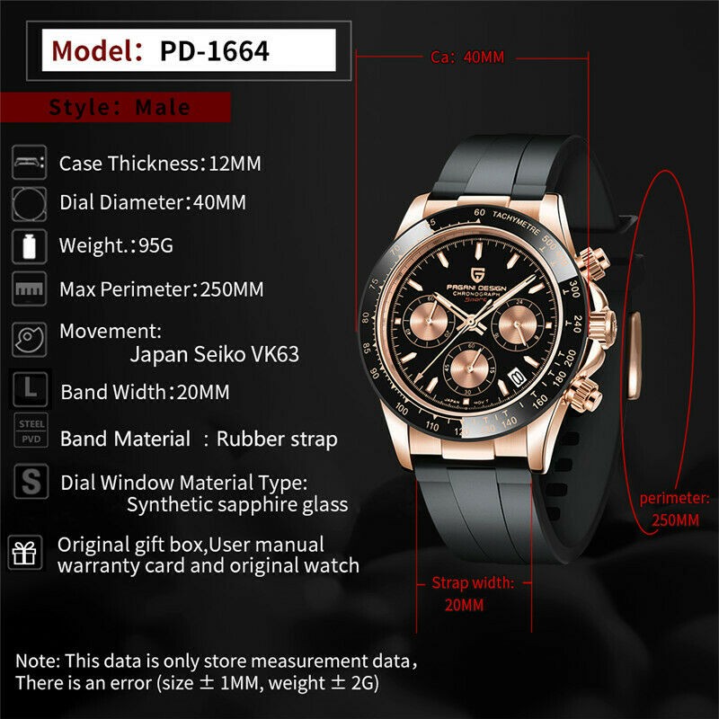 PAGANI DESIGN Men’s Quartz Watch Waterproof Silicone Bracelet Strap+Box PD-1664