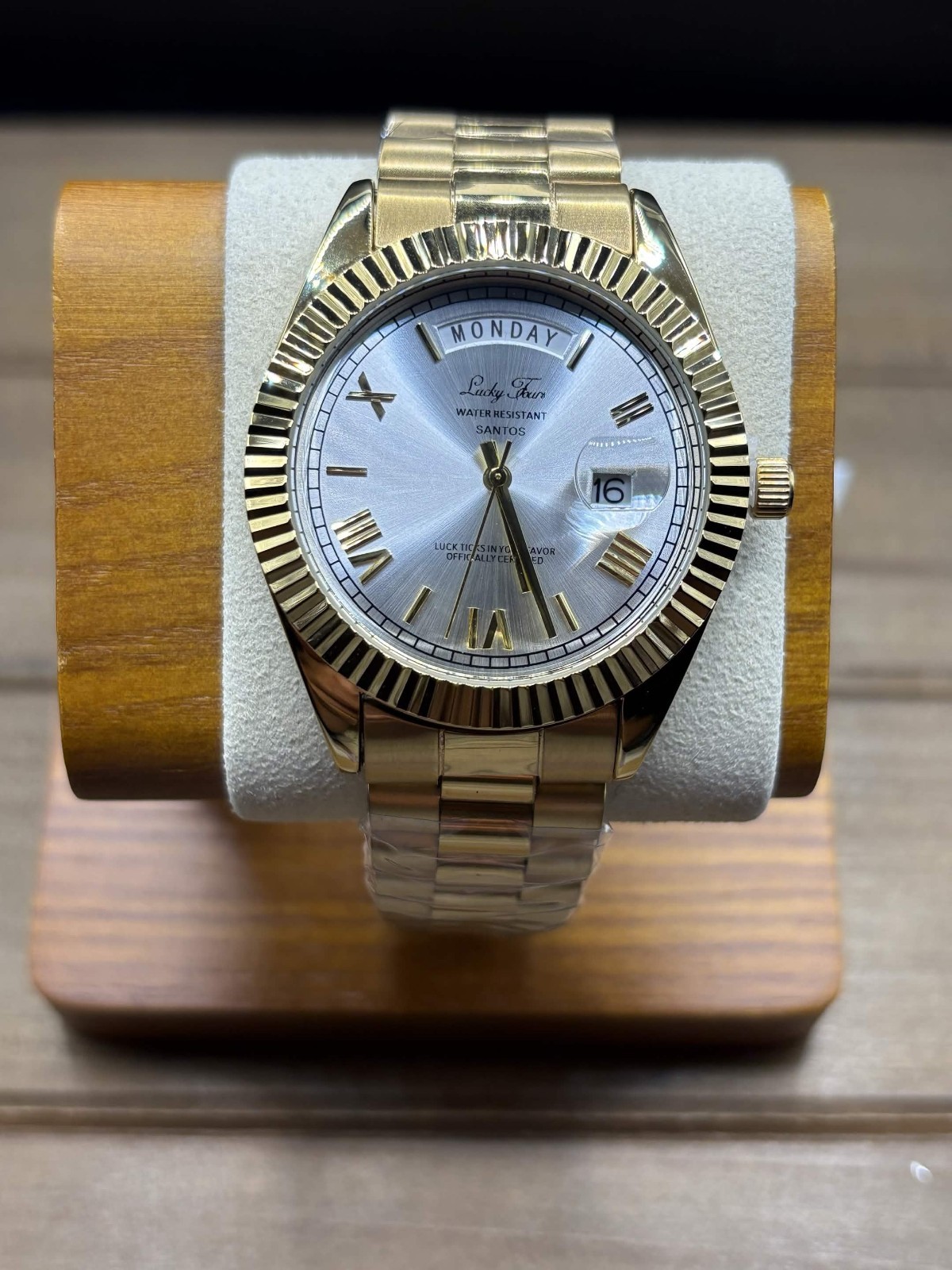 Lucky Fours Santos Day Date Men’s Watch Silver Dial Fluted Bezel New in Box