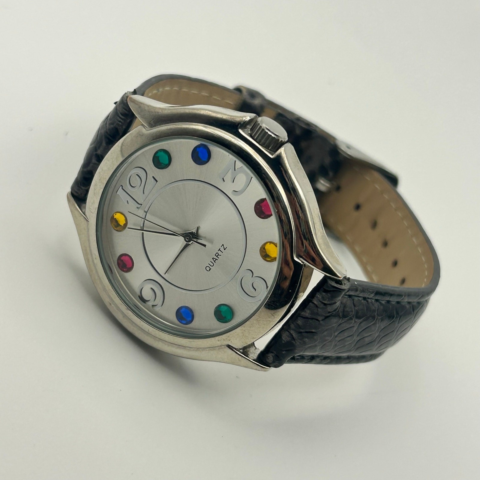 Accutime Multicolor Crystal Dial Quartz Watch Silver Tone Black Leather Band
