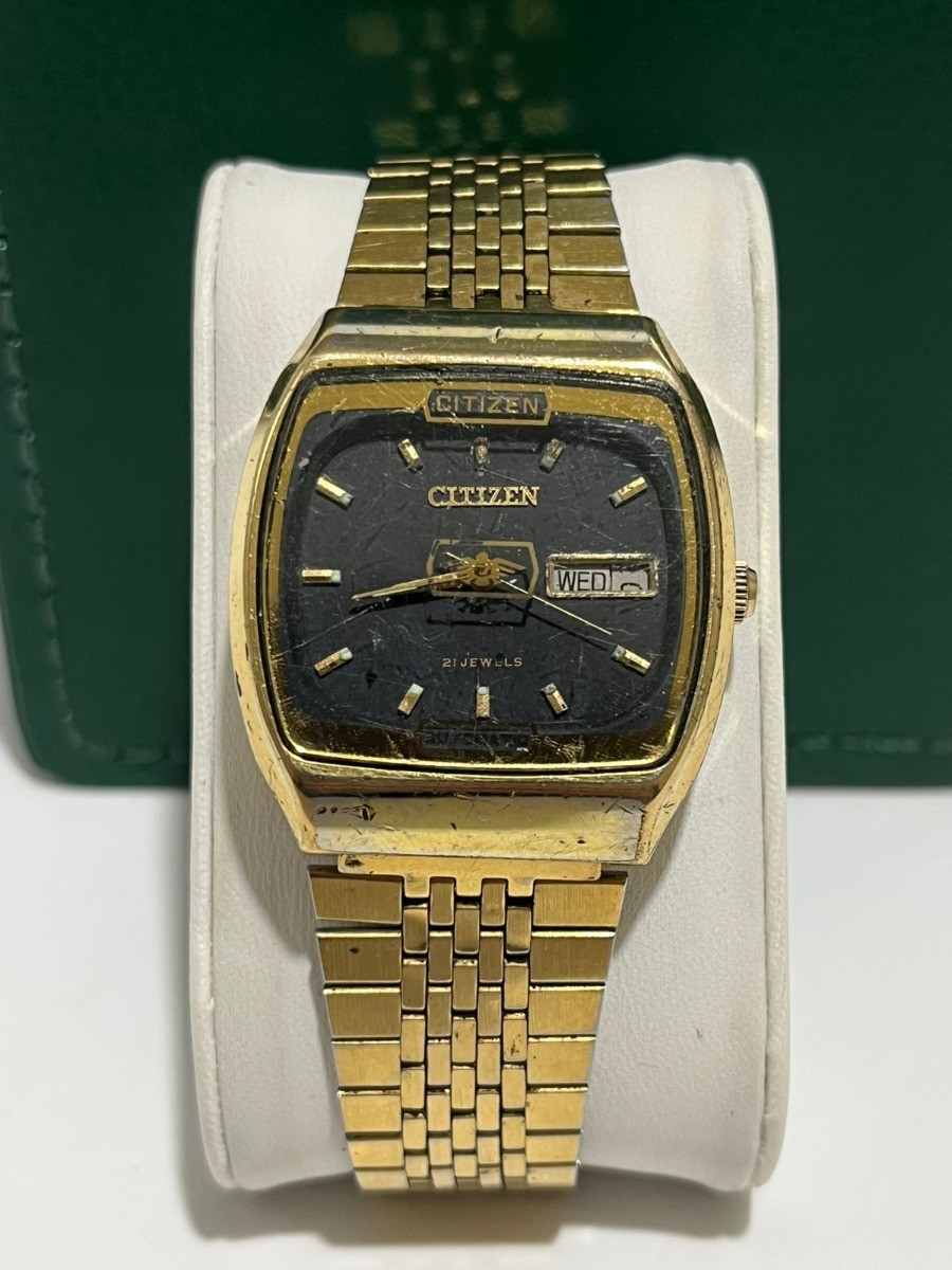 Vintage Citizen Automatic 21 Jewels Day-Date TV Case Gold Tone Men’s Watch Japan