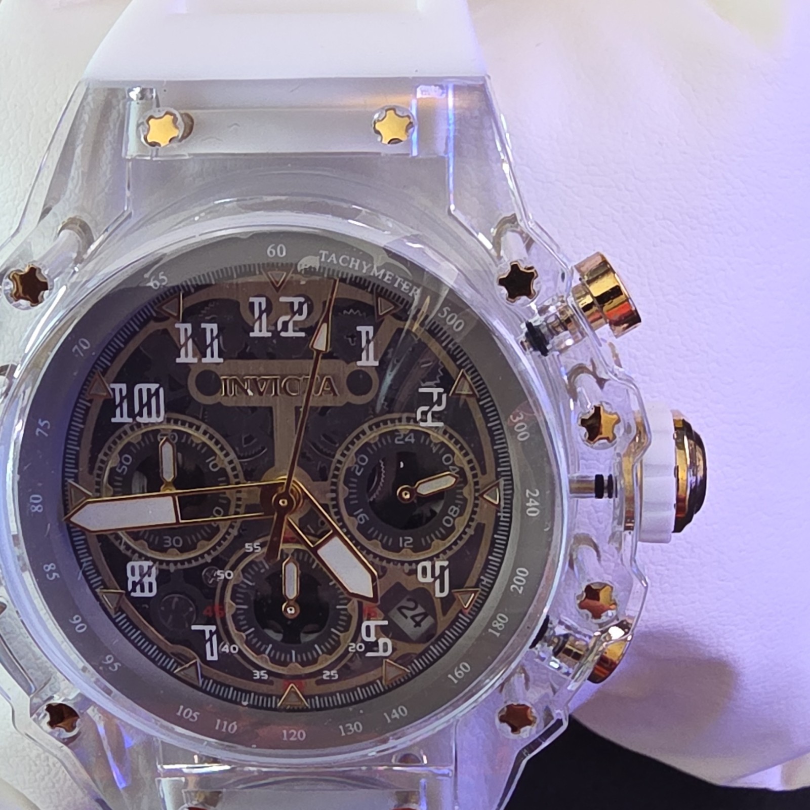 Invicta Racing Vaulthan Tachymeter Date Black/Gold Dial Clear Case Watch 44mm