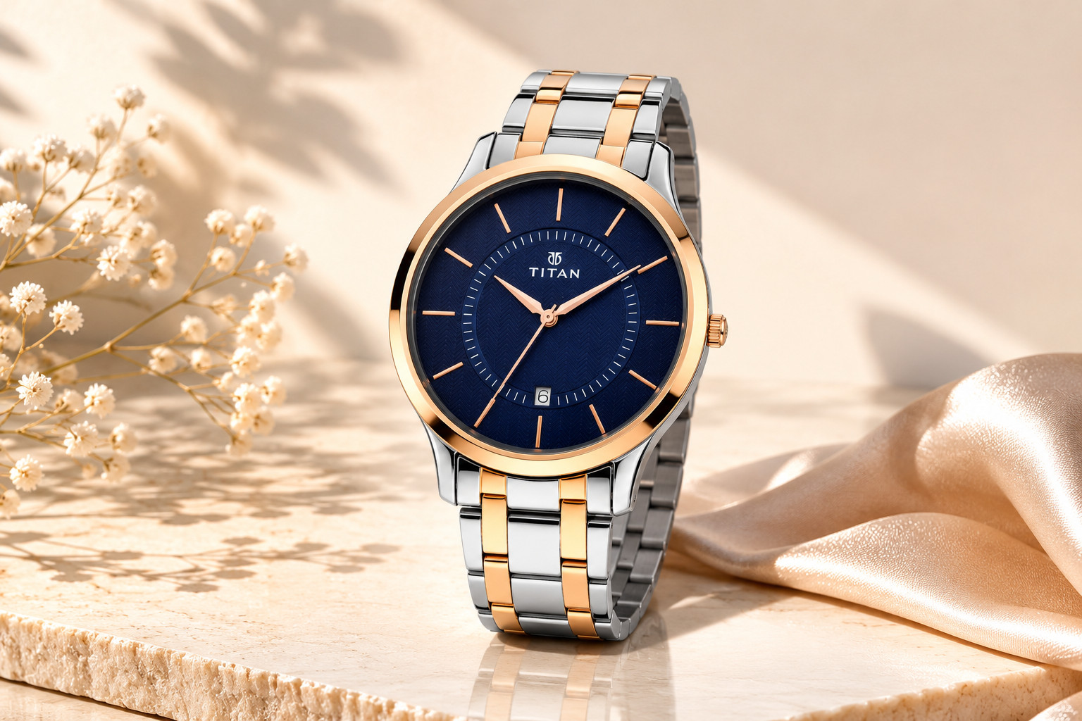 Titan 1825KM01 Mens Watch Rose Gold Mesh Strap Blue Crystal Dial 47mm