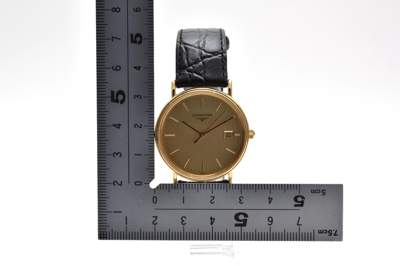 Vintage[Near MINT] LONGINES L4.720.2 Gold Dial Black New Batt Date Qz Mens JAPAN