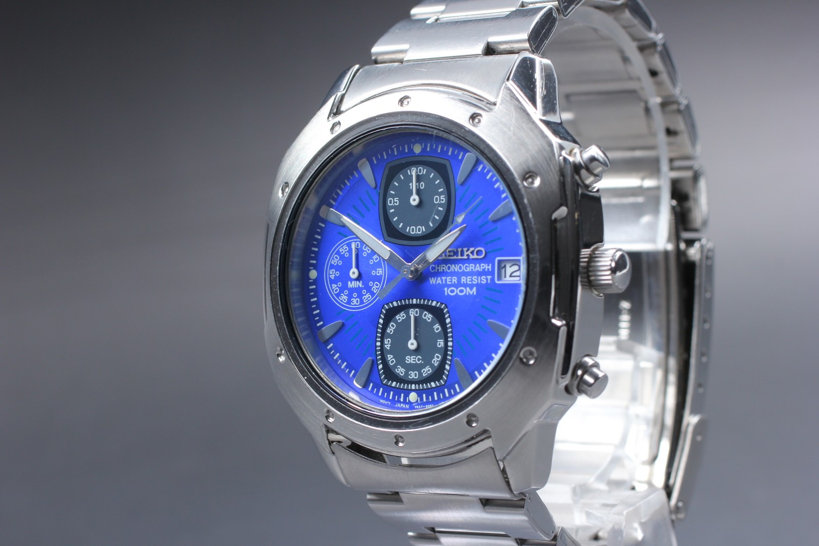 Vintage [N Mint] Seiko V657-9060 Chronograph Blue Dial Quartz Watch From JAPAN
