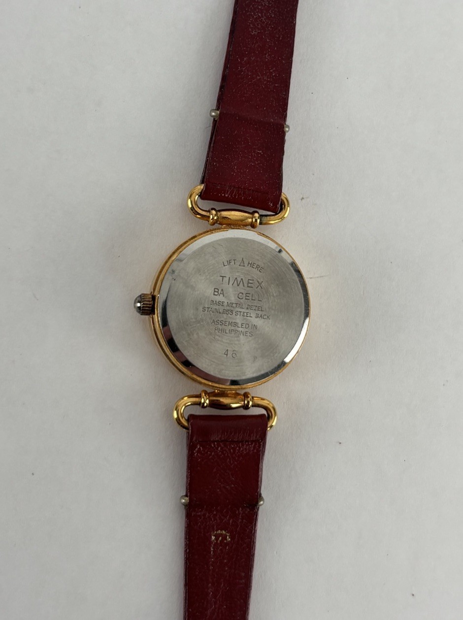 Timex 23mm Gold Tone Quartz Watch w/Red Leather Band & New Battery