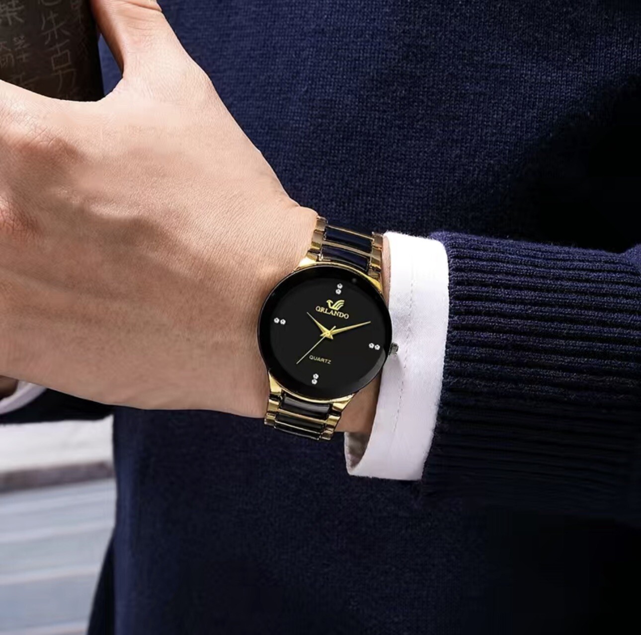 Men’s British Style Golden Steel Strap Pointer Plated Diamond Quartz Watch