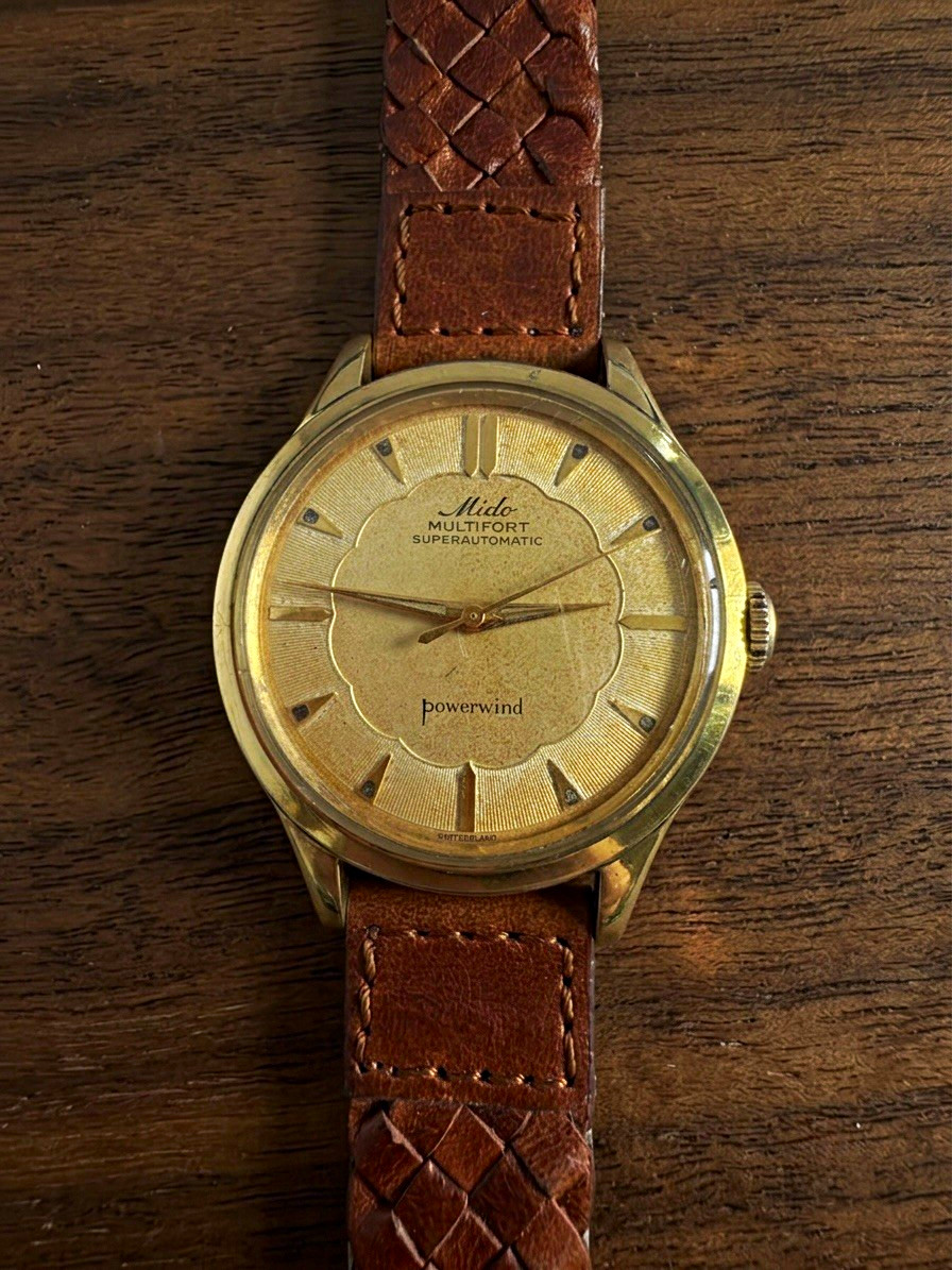 Mido Multifort Powerwind “SCALLOP DIAL” 17J Swiss Vintage 1950s Gold Dial